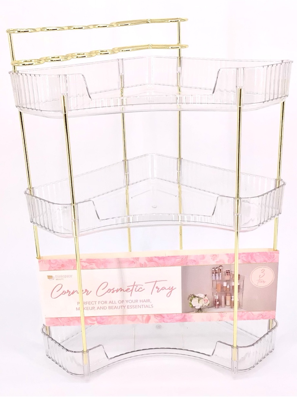 Thinkspace Beauty Clear & Gold 3-Tier Corner Cosmetic Tray New